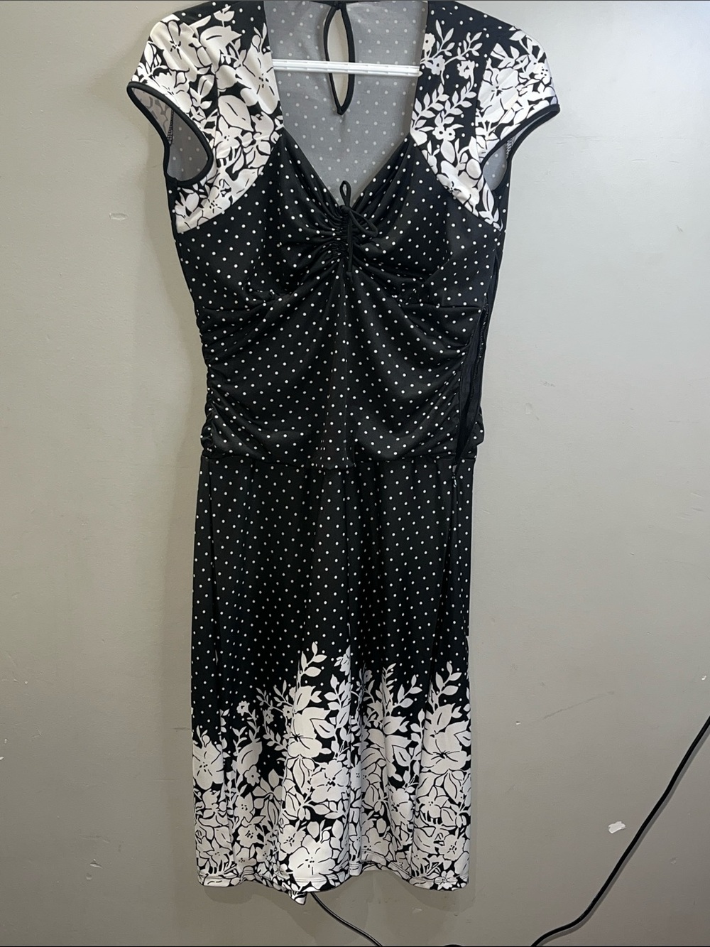 Denver Hayes Black and White Polka Dot Floral Midi Dress